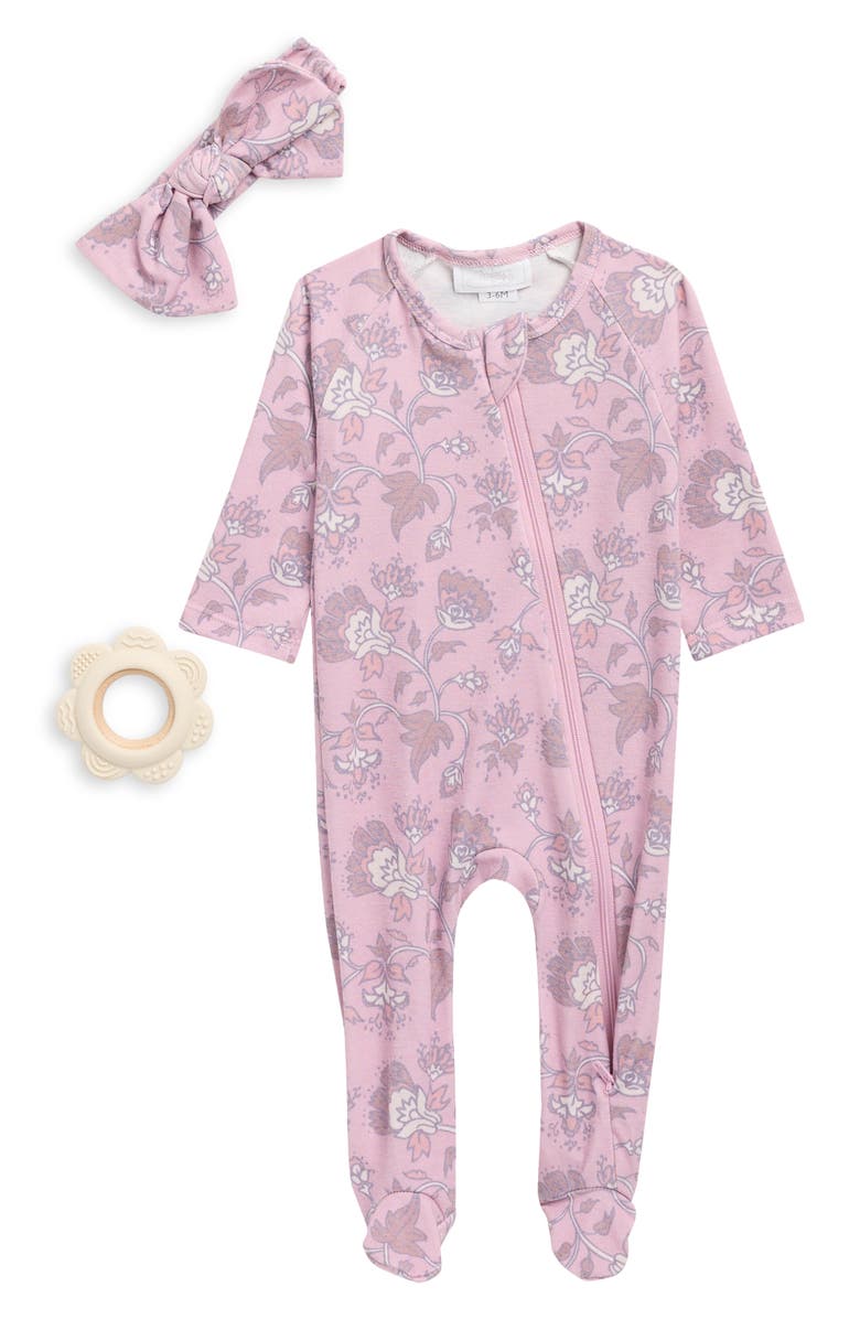 Toby Ditsy Floral Print Footie, Bow & Teether Set, Main, color, Mauve