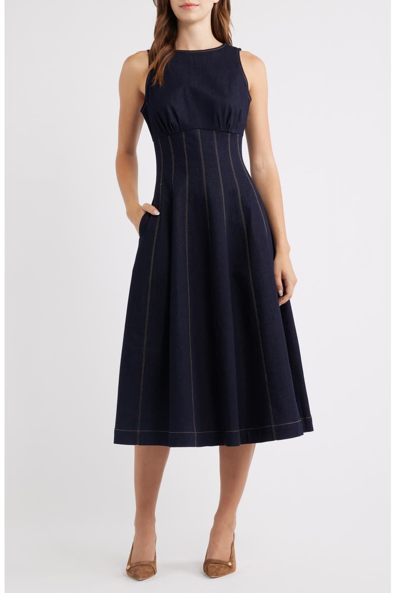 Contrast Stitch Denim Midi Dress, Main, color, DENIM