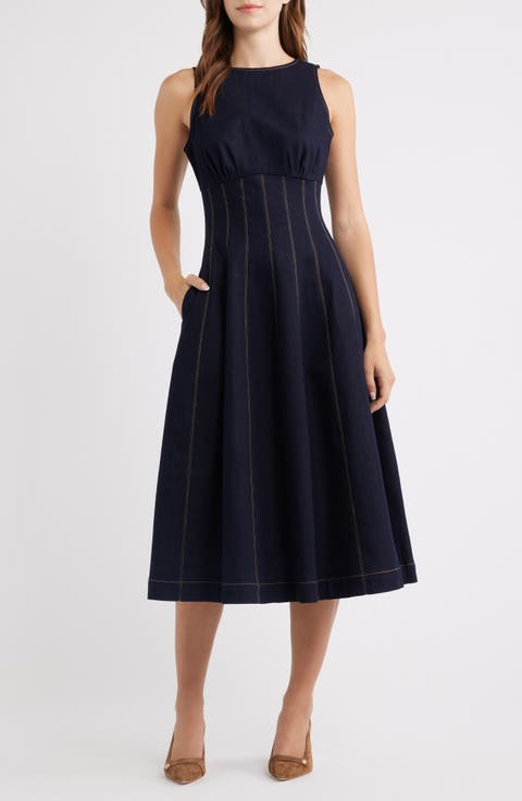 Contrast Stitch Denim Midi Dress