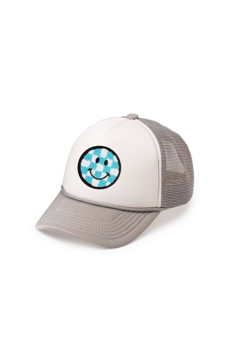 Sweet Wink Smiley Checker Patch Trucker Hat, Main, color, Gray/White