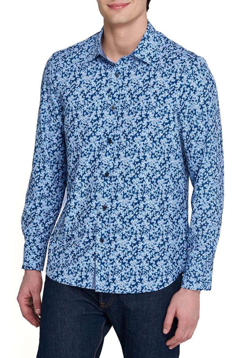 Slim Fit Floral Cluster Performance Long Sleeve Shirt, Main, color, NAVY/BLUE