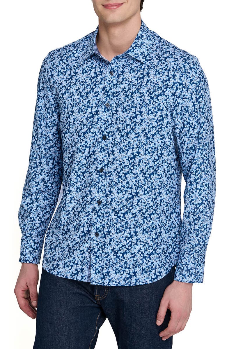 CONSTRUCT Slim Fit Floral Cluster Performance Long Sleeve Shirt, Main, color, Navy/Blue