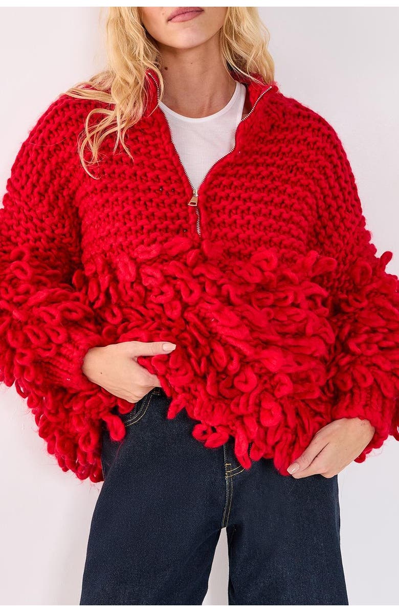 NASTY GAL Loopy Quarter Zip Sweater, Alternate, color, Red