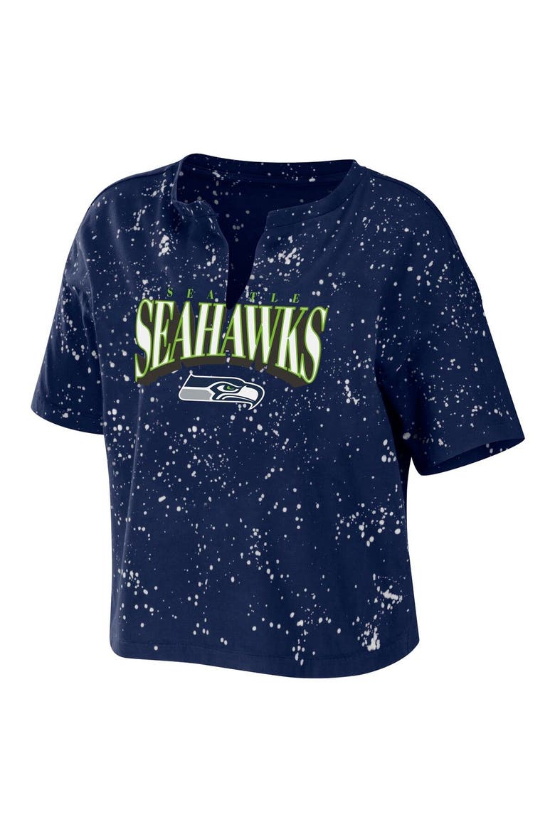 Women's WEAR by Erin Andrews College Navy Seattle Seahawks Bleach Wash Splatter Notch Neck Cropped T-Shirt, Alternate, color, Navy
