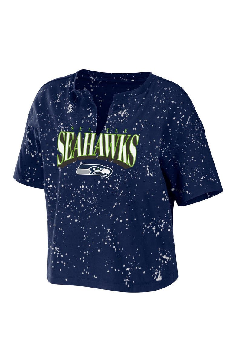 WEAR by Erin Andrews Women's WEAR by Erin Andrews College Navy Seattle Seahawks Bleach Wash Splatter Notch Neck Cropped T-Shirt, Alternate, color, 