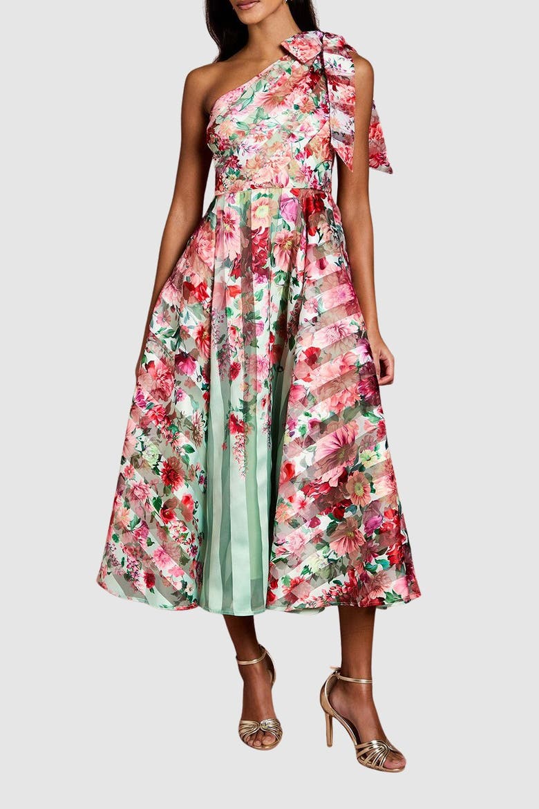 Petite Organza One Shoulder Midi Dress, Alternate, color, Sage