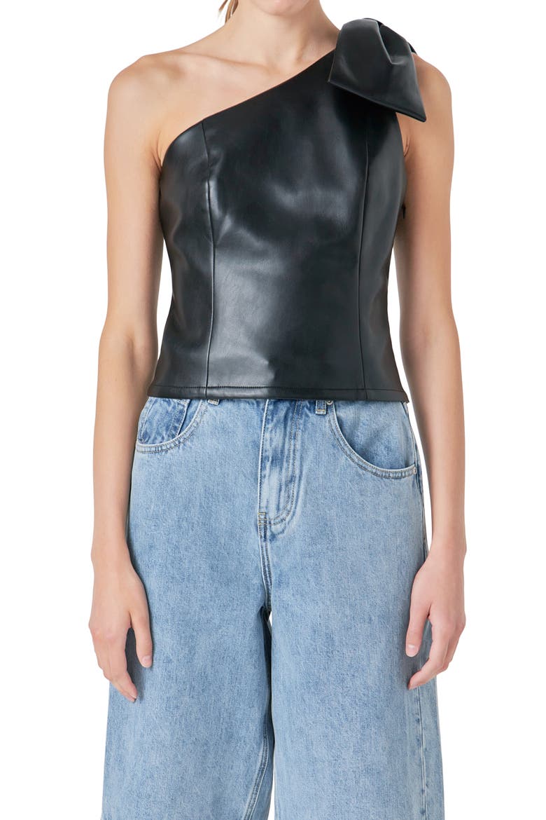 One-Shoulder Faux Leather Top, Alternate, color, BLACK