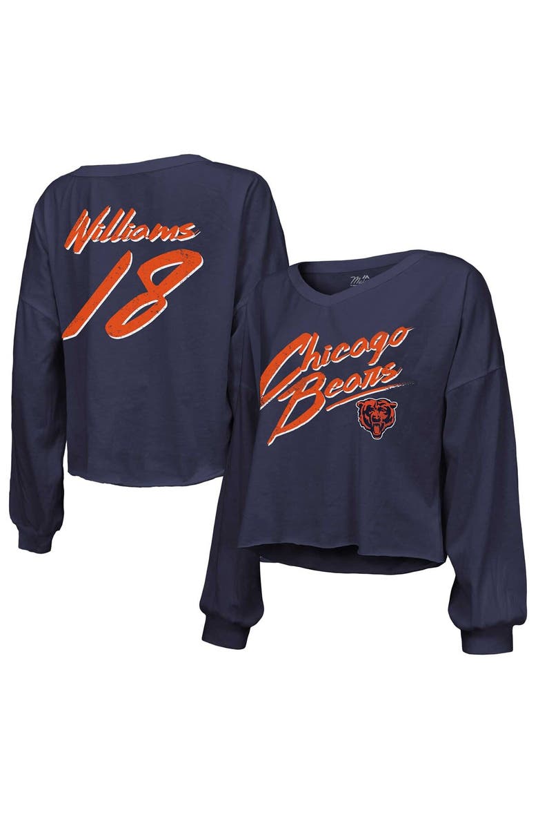 Majestic Threads Women's Majestic Threads Caleb Williams Navy Chicago Bears Name & Number Off-Shoulder Script Cropped Long Sleeve V-Neck T-Shirt, Main, color, Navy