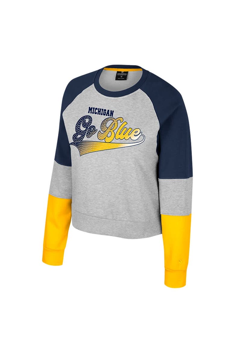 Girls Youth Colosseum Heather Gray Michigan Wolverines Katinka Rhinestone Pullover Sweatshirt, Alternate, color, Heather Gray