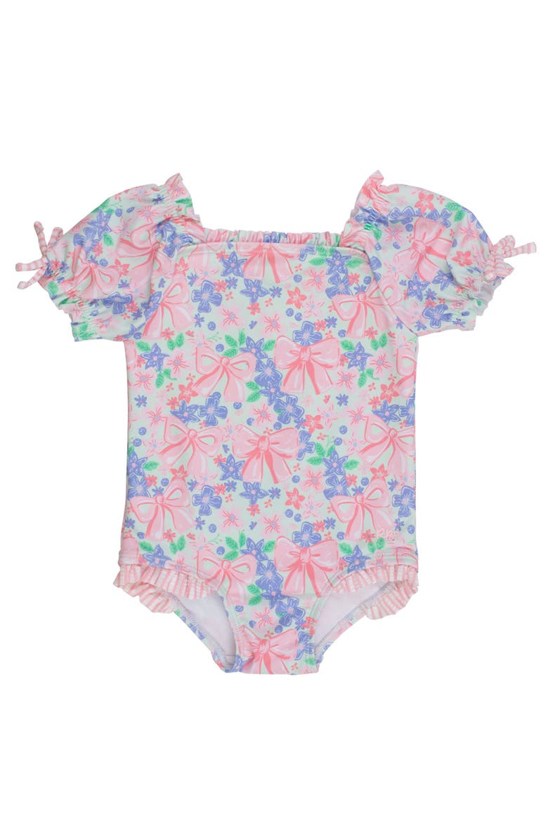 RuffleButts UPF50+ Puff Sleeve One Piece Swimsuit, Main, color, Bow Blooms
