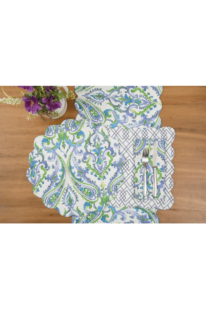 Juliet Quilted Reversible Bright Paisley Dining Table Runner 14" x 51", Alternate, color, Blue