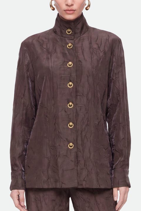 Crinkle Effect Stand Collar Shirt