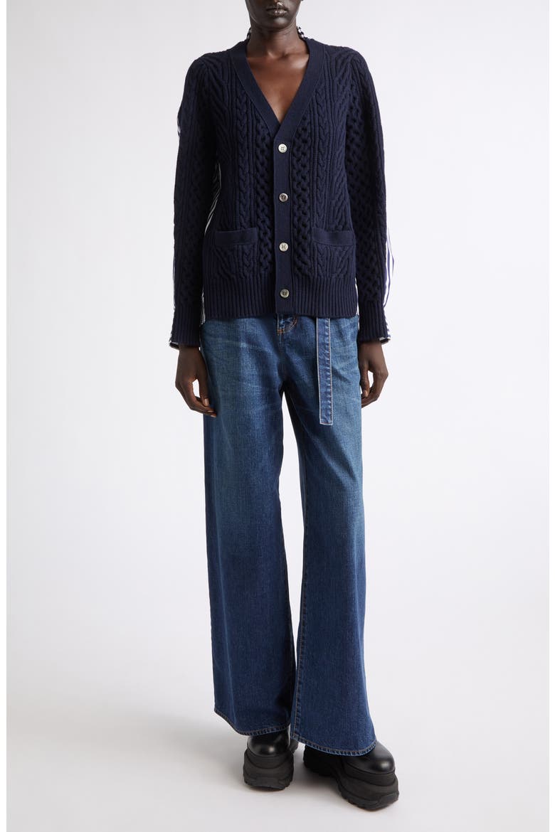 Mixed Media Wool Cable & Poplin Shirt Cardigan, Alternate, color, NAVY/ NAVY STRIPE