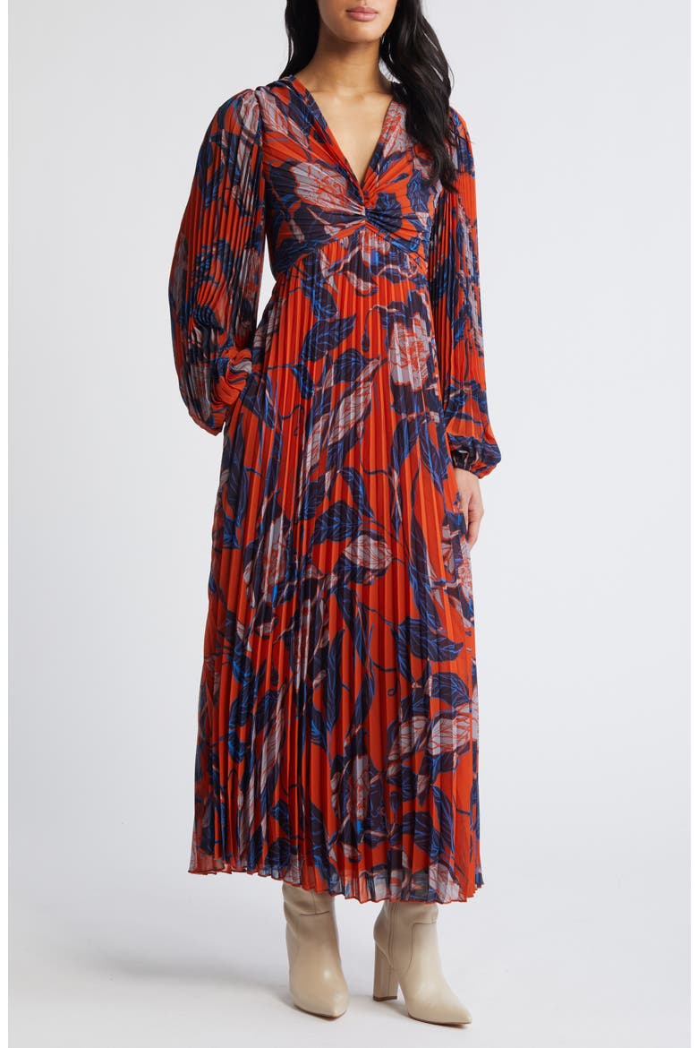 Floral Print Pleated Long Sleeve Dress, Main, color, RUST- BLUE LANA FLORAL