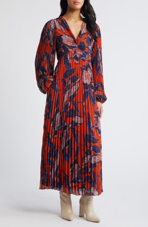 Floral Print Pleated Long Sleeve Dress