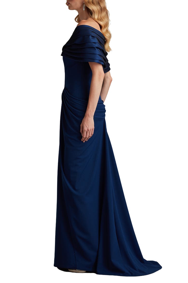 Off the Shoulder Ruched Crepe Gown, Alternate, color, NAVY