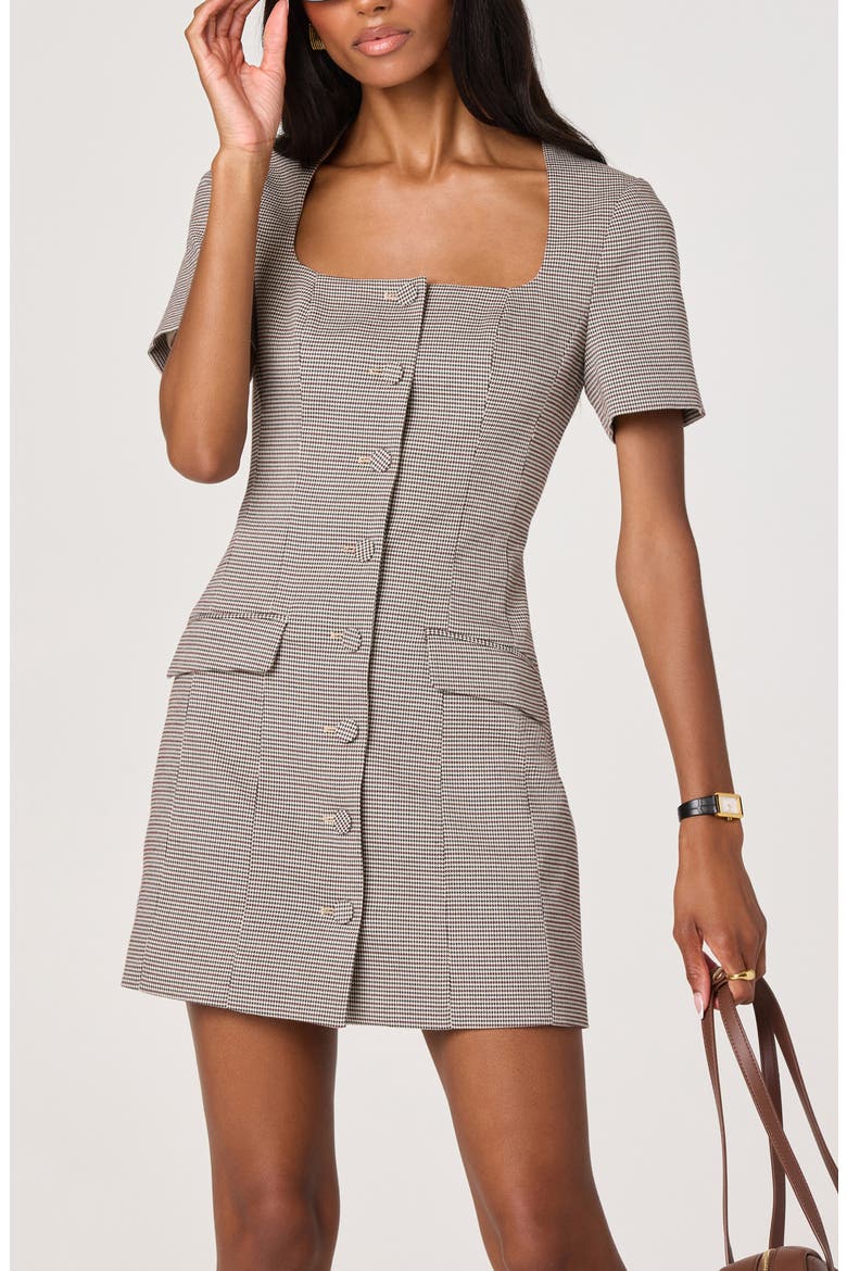 Houndstooth Short Sleeve Button-Up Minidress, Alternate, color, BLACK BROWN HOUNDSTOOTH