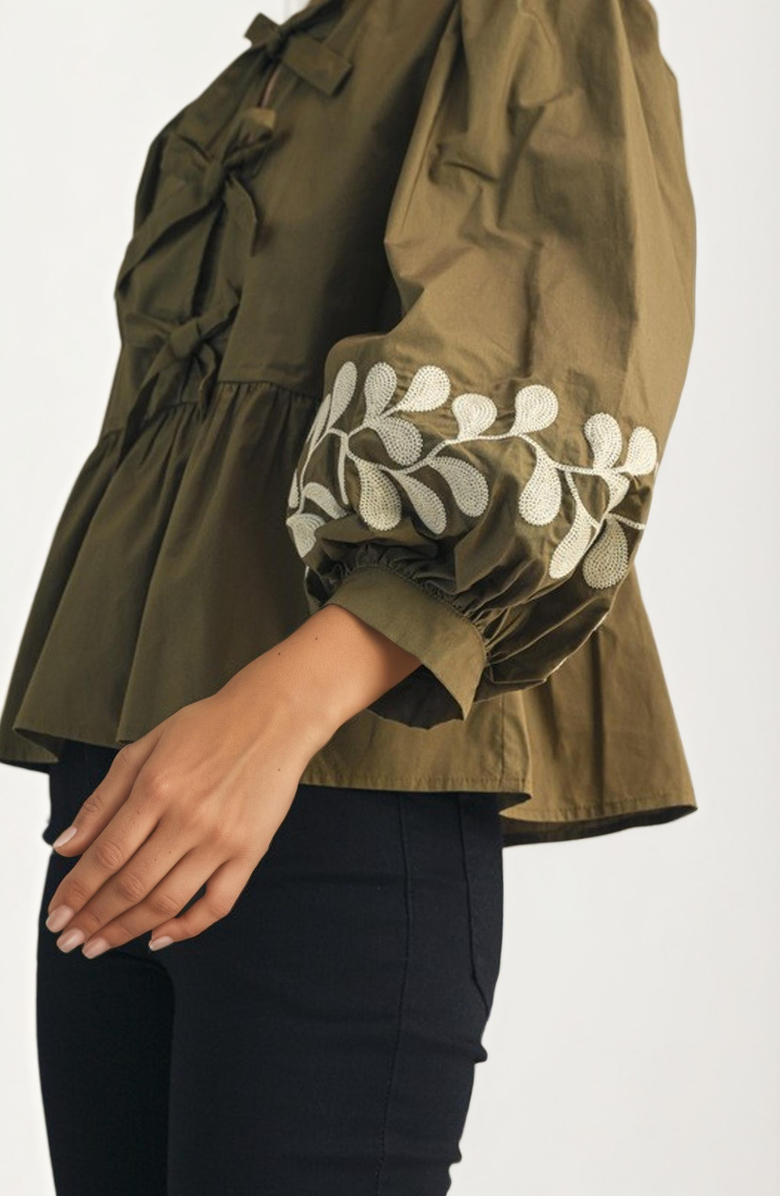 Knit and Lounge Bow Front Embroidered Balloon Sleeve Blouse, Alternate, color, 