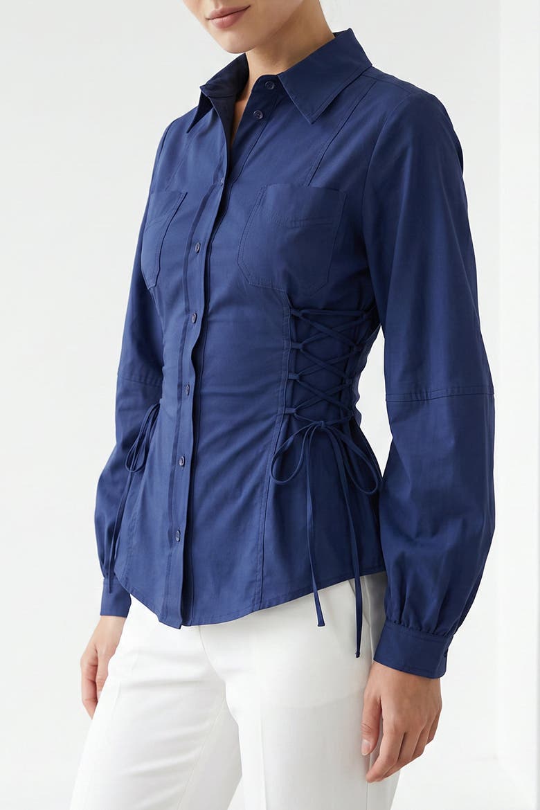 Arcene Fitted Waist Balloon Sleeve Shirt, Alternate, color, Navy