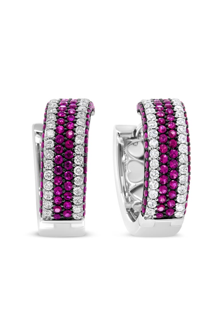 18K White Gold 1 7/8 Cttw Diamond and 1mm Round Red Ruby Open Swish Hoop Earrings, Alternate, color, White