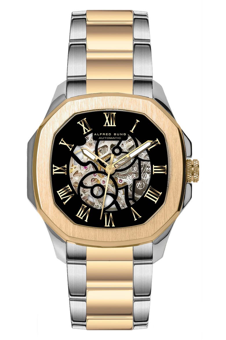 Skeleton Dial Automatic Bracelet Watch, 42mm, Main, color, BLACK/ TWO TONE