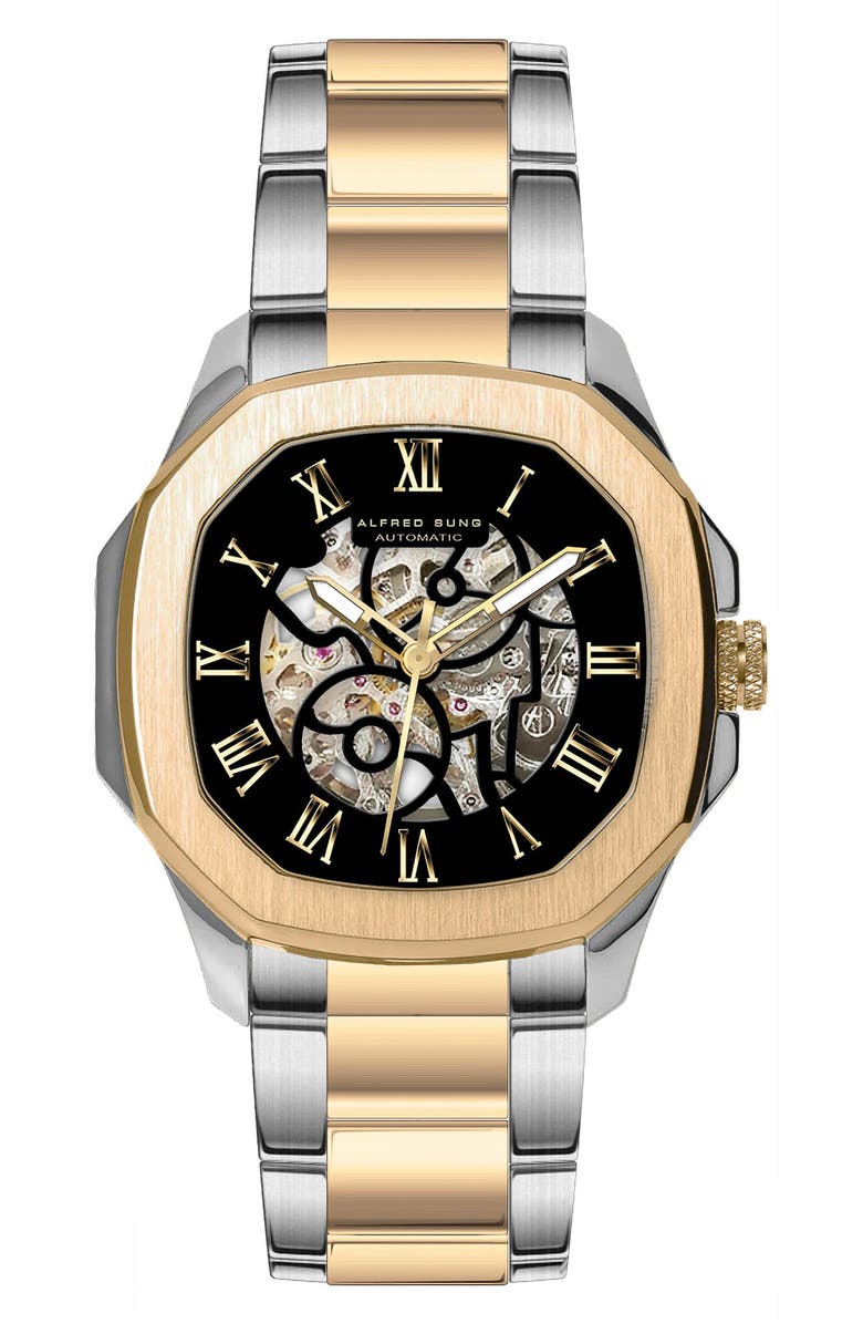 Alfred Sung Skeleton Dial Automatic Bracelet Watch, 42mm, Main, color,