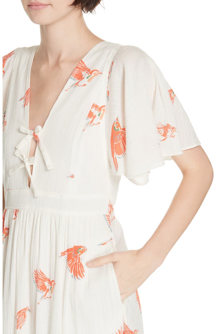 Bird Print Gauze Dress, Alternate, color, SAND COMBO