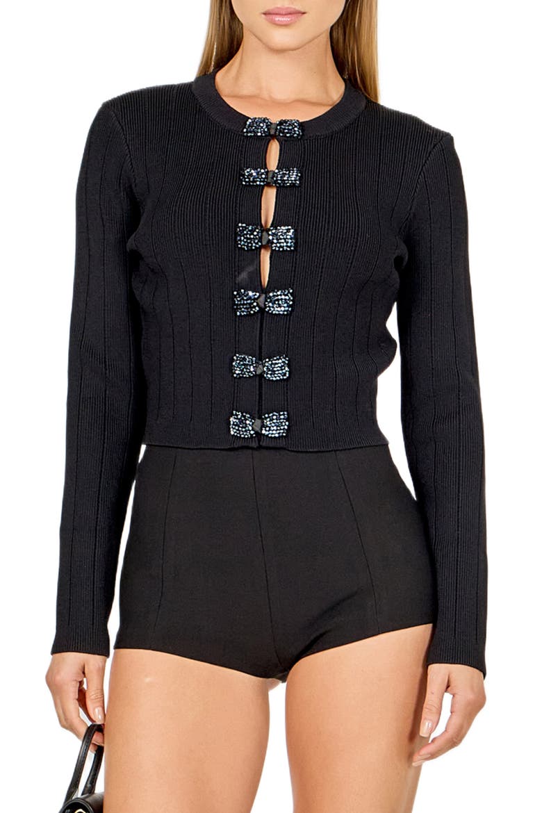 Bow Detail Crop Rib Cardigan, Main, color, BLACK