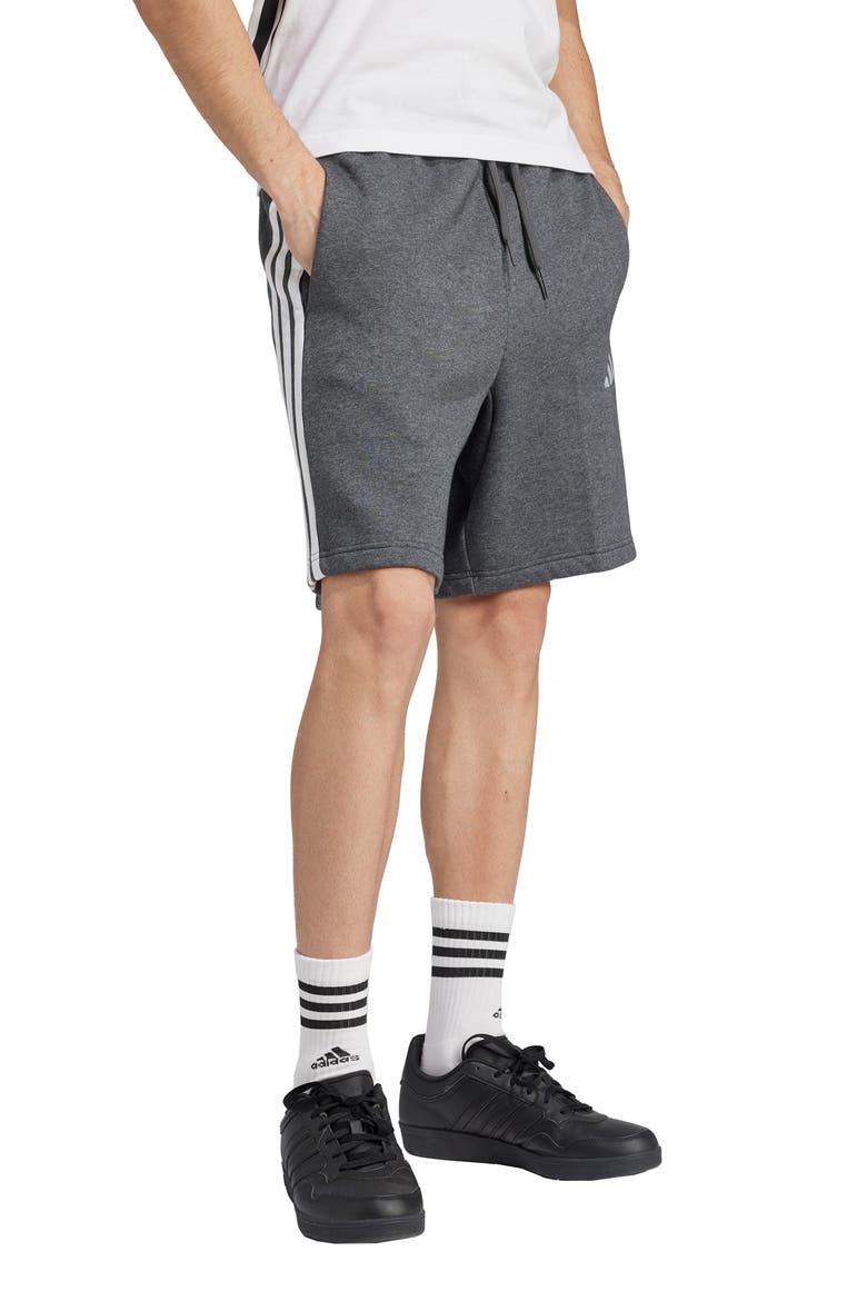 Essential 3-Stripes Fleece Shorts, Alternate, color, MEDIUM GREY HEATHER/ BLACK