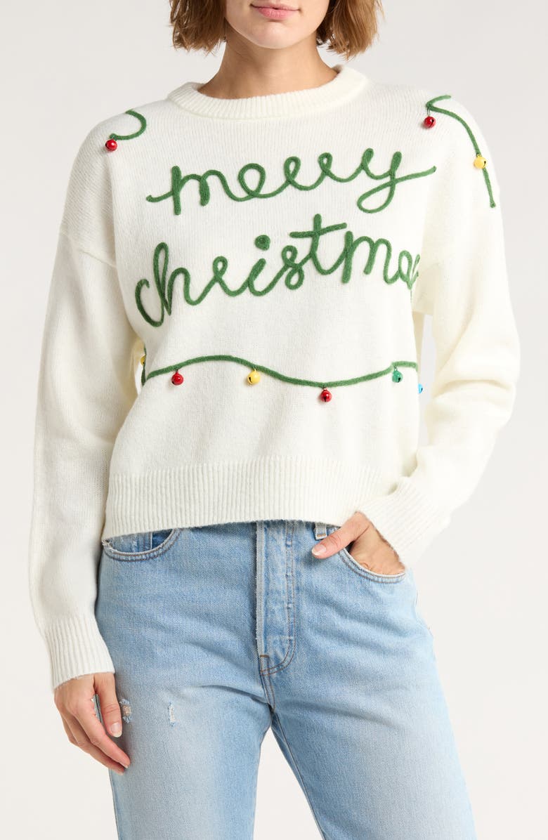 Vigoss Merry Christmas Ornament Sweater, Main, color, Creme