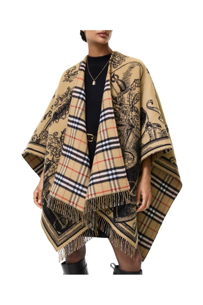 Reversible Etched Knight Wool Cape, Alternate, color, Archive beige