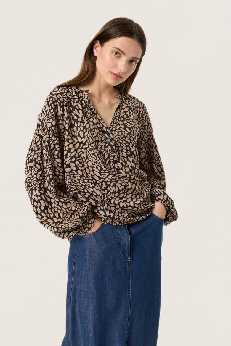 SLNaya Casual Fit Long Sleeve Blouse, Main, color, Black With Brown Dots