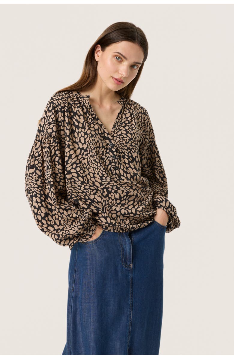 Soaked in Luxury SLNaya Casual Fit Long Sleeve Blouse, Main, color, Black With Brown Dots