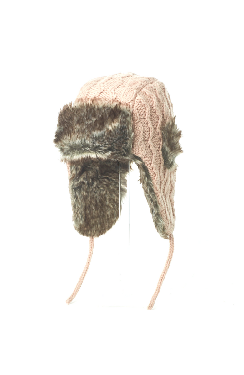 Nirvanna Designs Cable Knit Russian Hat w/ Faux Fur, Main, color, Pink Quartz