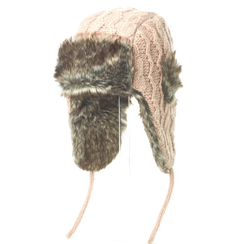 Nirvanna Designs Cable Knit Russian Hat w/ Faux Fur in Pink Quartz 