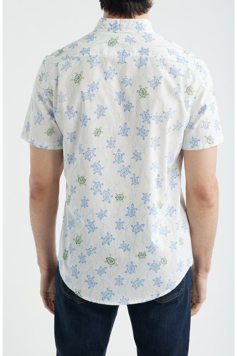 Honu Holoholo Turtle Print Short Sleeve Cotton Blend Button-Down Shirt, Alternate, color, WHITE