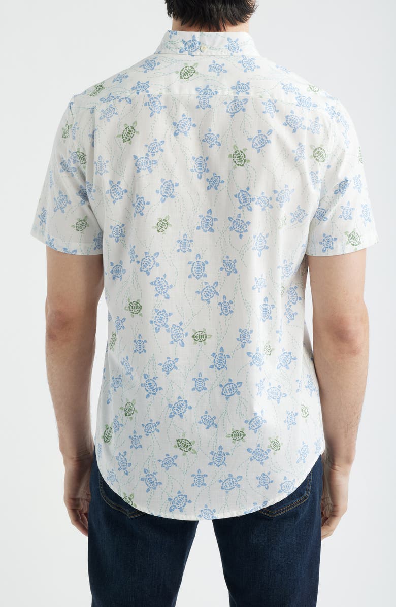 Reyn Spooner Honu Holoholo Turtle Print Short Sleeve Cotton Blend Button-Down Shirt, Alternate, color, White