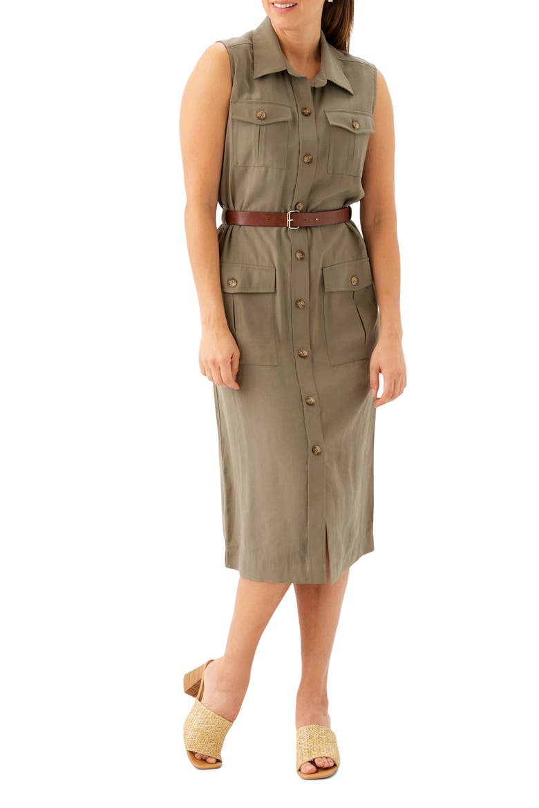 Belted Sleeveless Shirtdress, Alternate, color, OLIVE