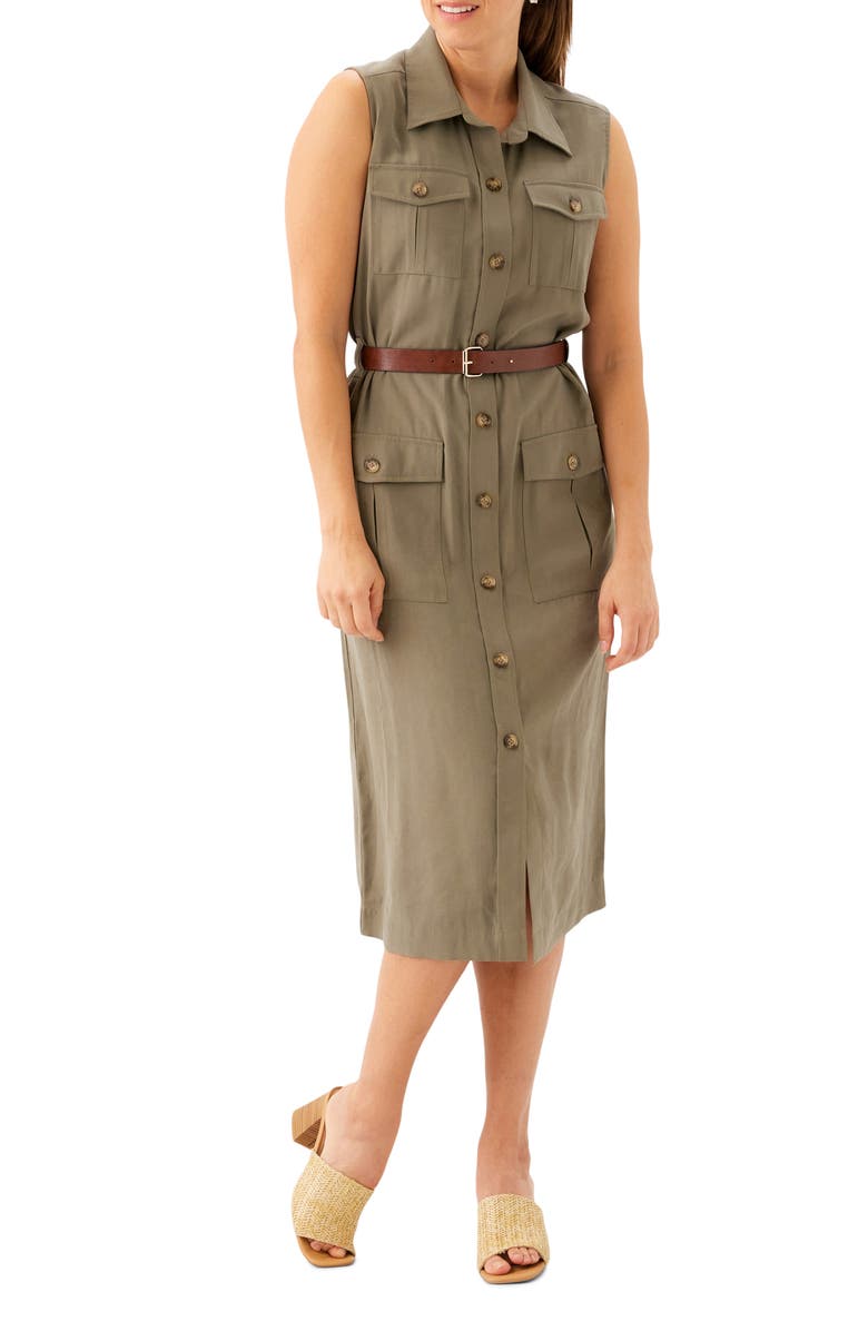 Karen Kane Belted Sleeveless Shirtdress, Alternate, color, Olive