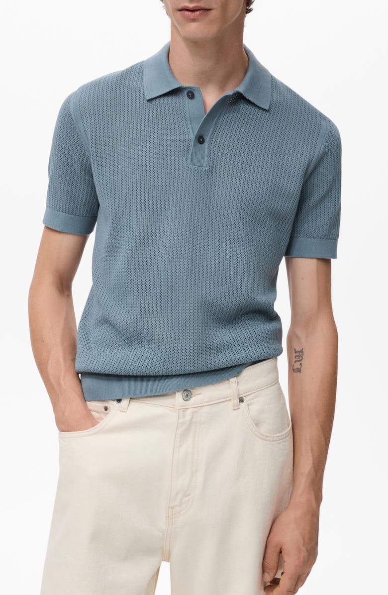 MANGO Openwork Knit Cotton Polo, Main, color, Indigo Blue