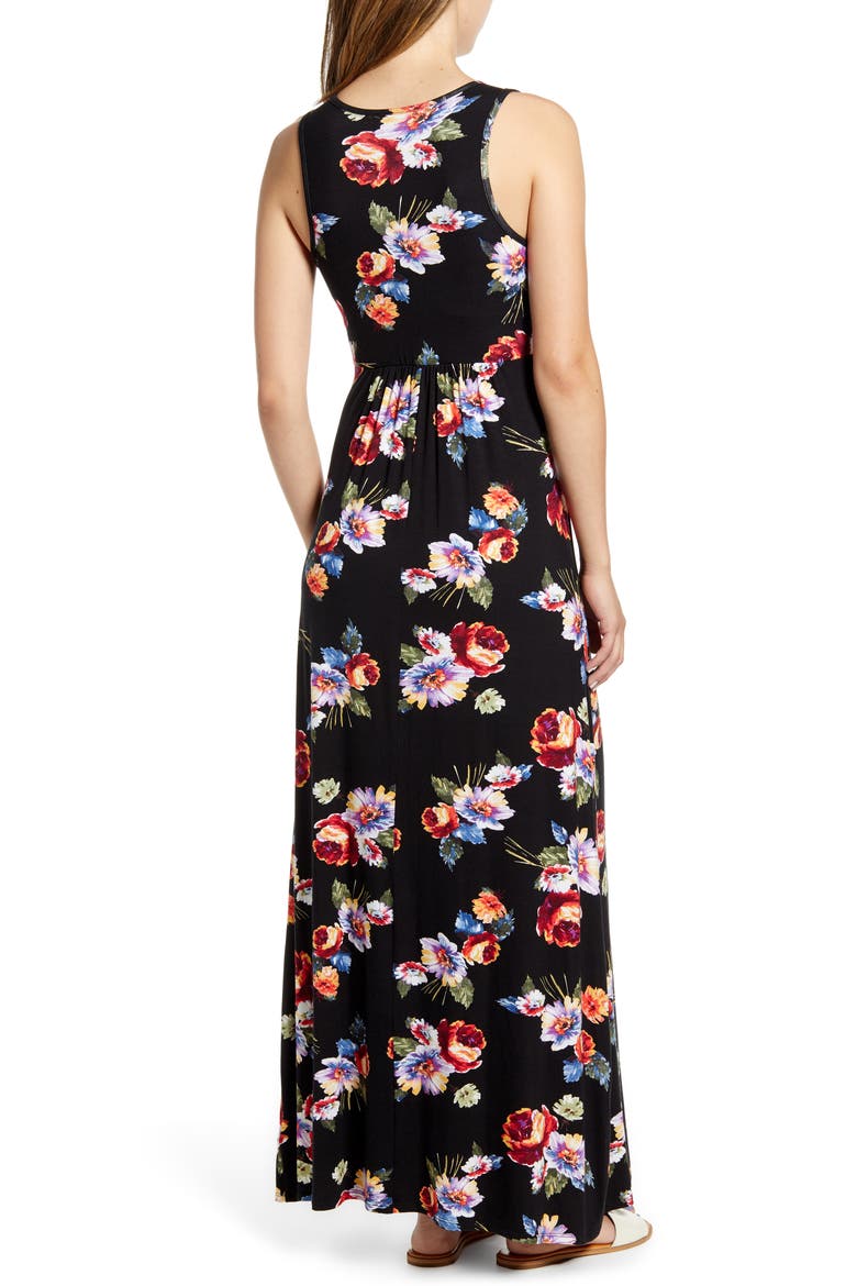 Floral Print Maxi Dress, Alternate, color, BLACK/ CORAL