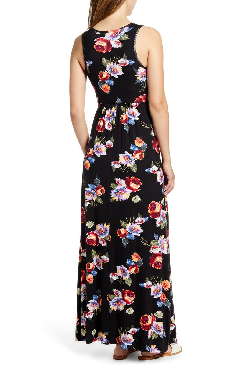 Loveappella Floral Print Maxi Dress, Alternate, color, Black/ Coral