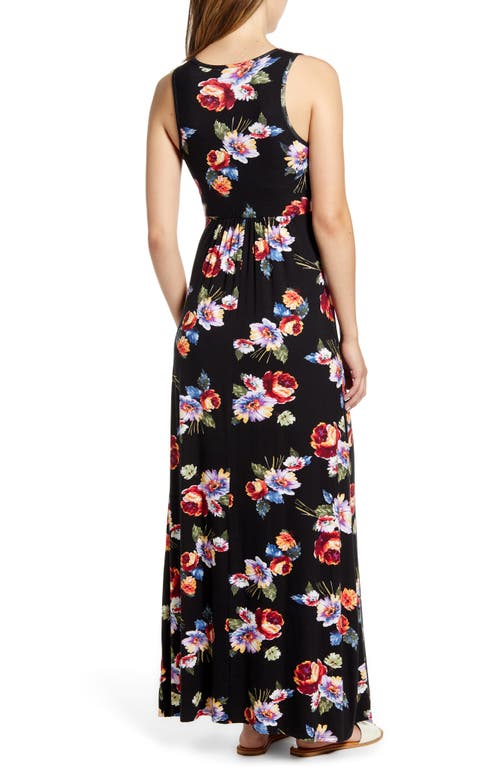 Loveappella Floral Print Maxi Dress In Black/coral