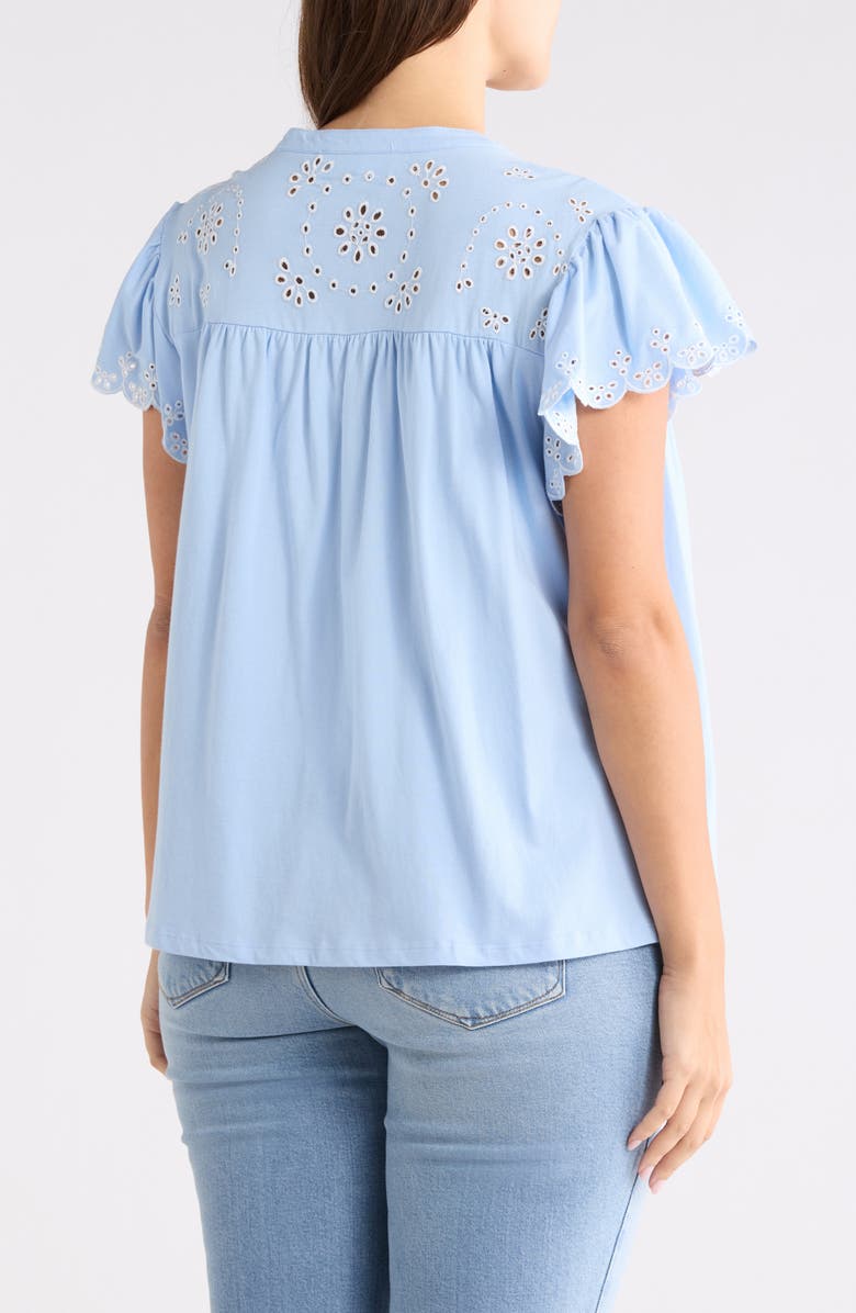 CHELSEA AND THEODORE Eyelet Embroidery Flutter Sleeve Top, Alternate, color, Chambray Blue/ White