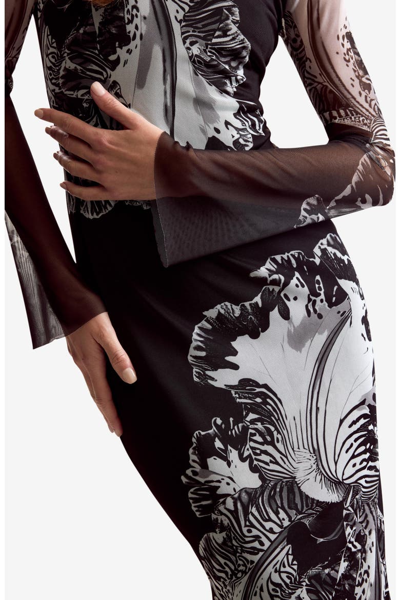 Floral Print Long Sleeve Midi Dress, Alternate, color, BLACK