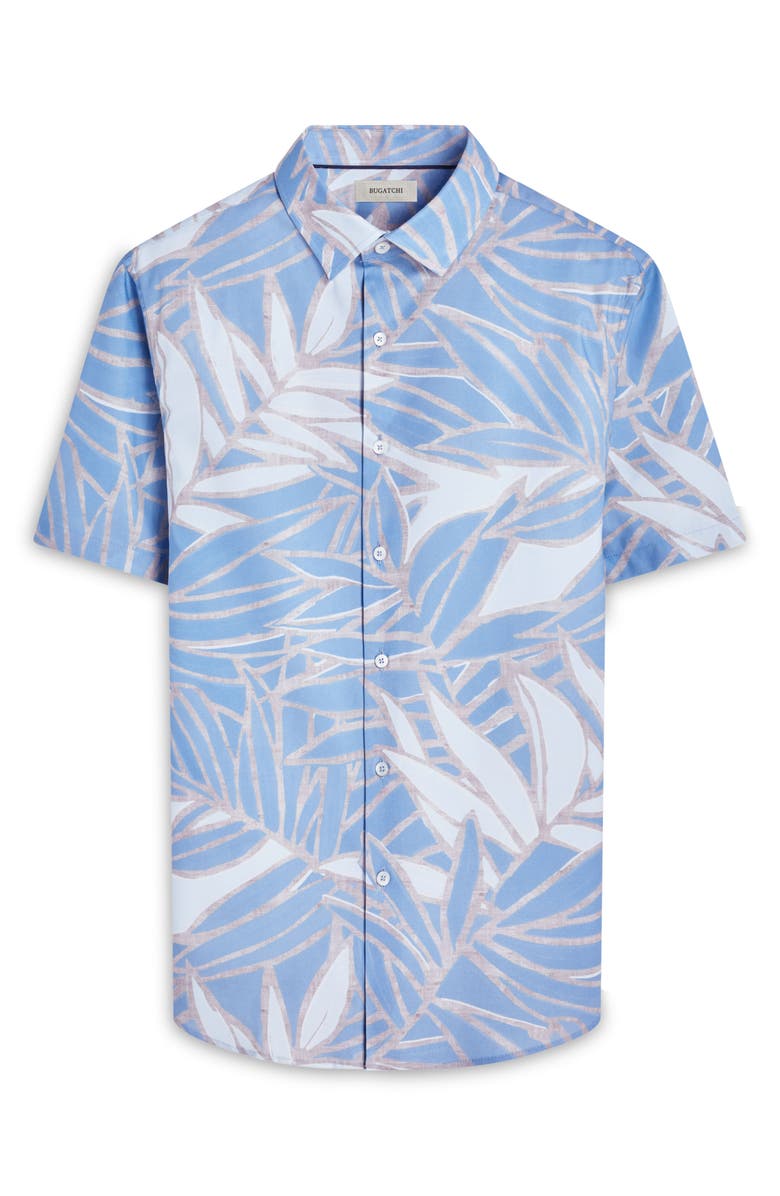 Bugatchi Orson Leaf Print Short Sleeve Stretch Cotton Button-Up Shirt, Alternate, color, Air Blue