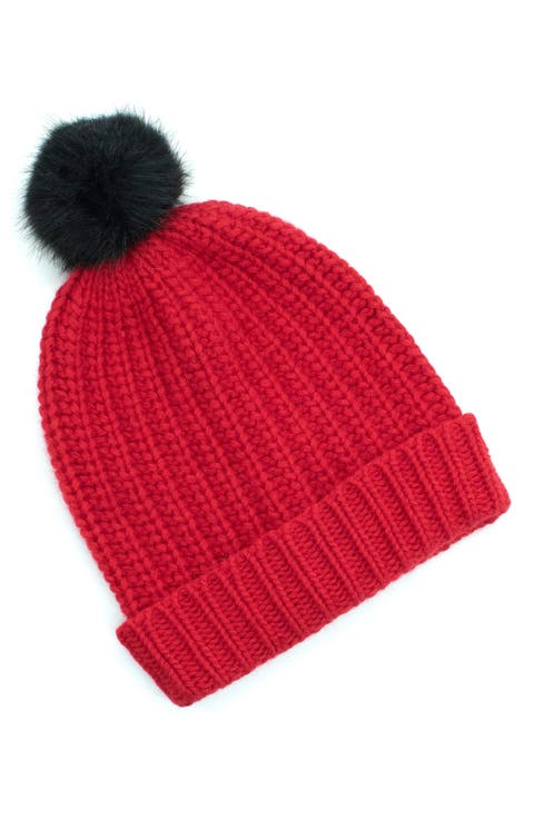 Chunky Wool Blend Beanie with Faux Fur Pompom