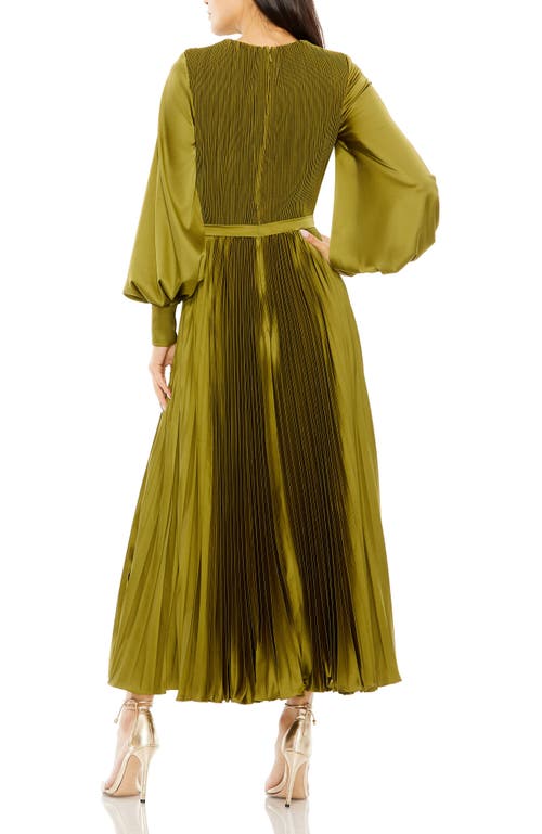Mac Duggal Long Sleeve Pleated Satin Cocktail Midi Dress In Olive
