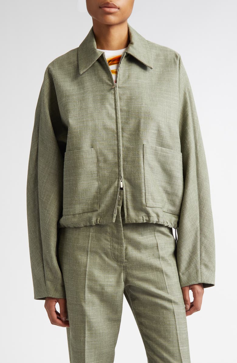 FERRAGAMO Patch Pocket Virgin Wool & Silk Blend Jacket, Main, color, Olive/ White