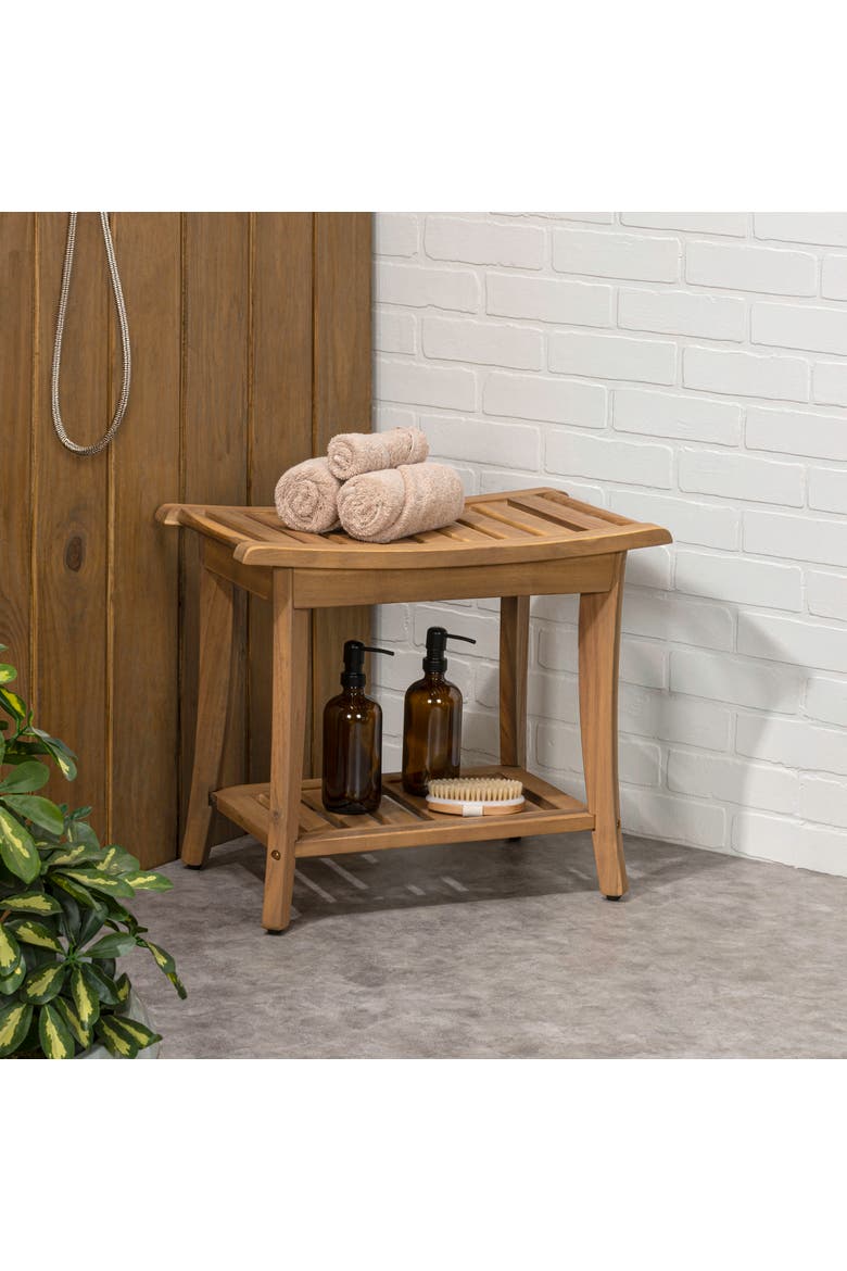 Tucker Modern Acacia Wood Shower Bench with Storage Shelf, Water-Resistant 2-Tier Spa Bath Stool for Bathroom and Outdoor Use, Alternate, color, Light Teak